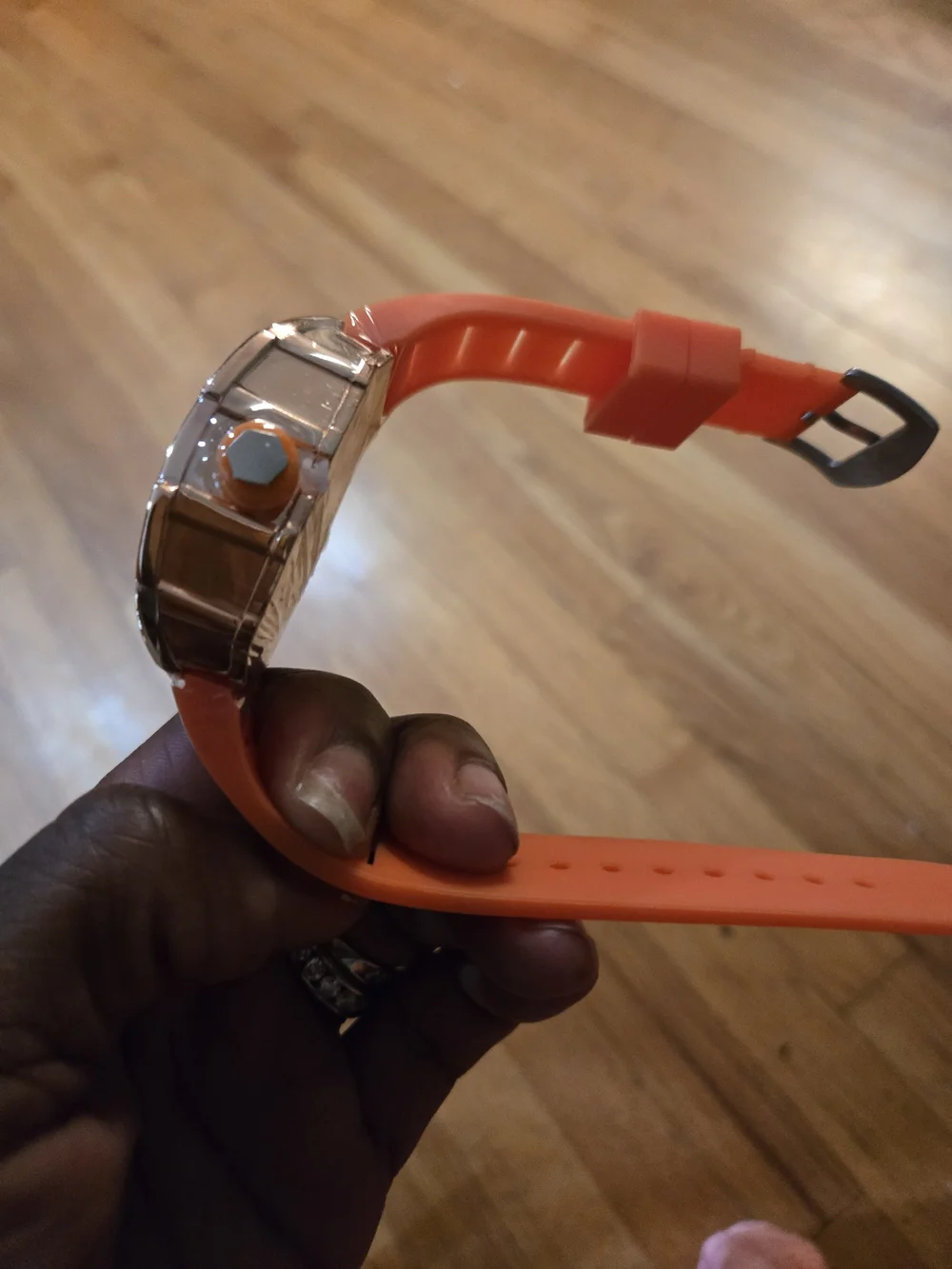 Orange Silicone Strap Skeleton Watch with Crystal Bezel